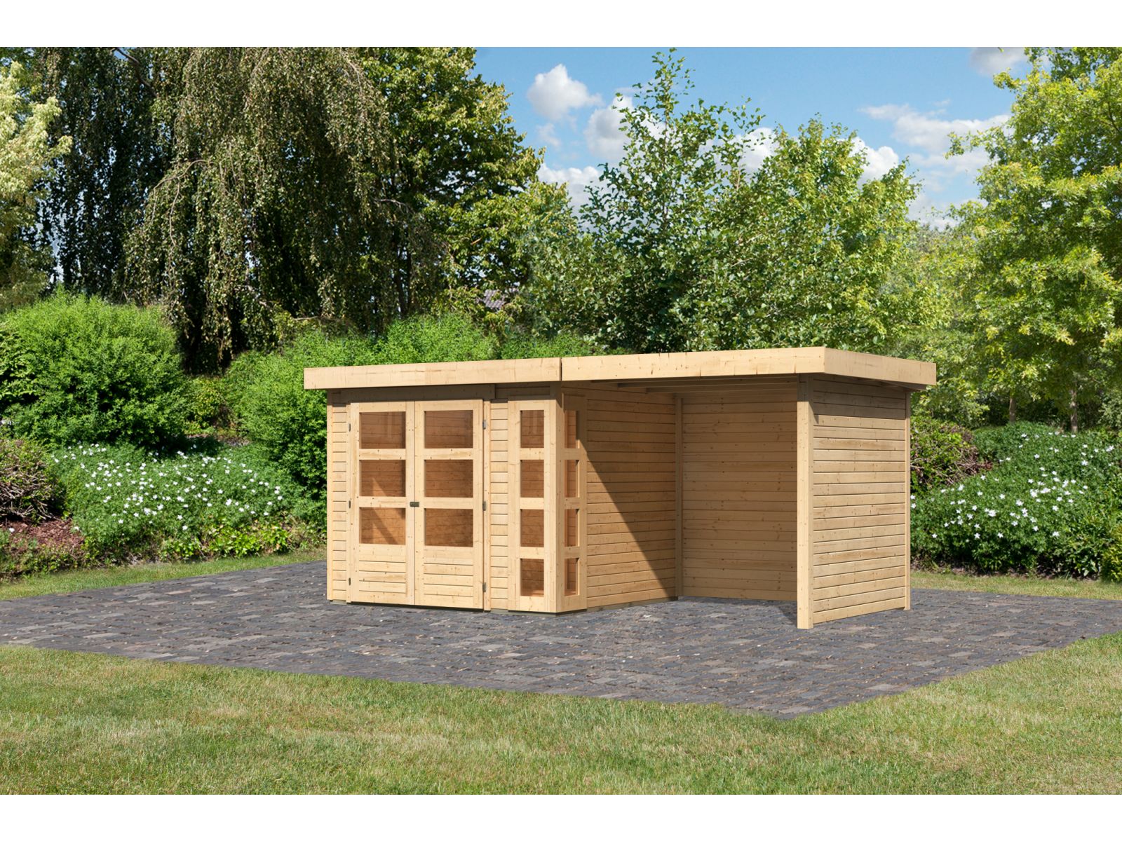 Karibu Gartenhaus Kerko 3 natur mit 2,40 m Anbaudach und Rück-und Seitenwänden