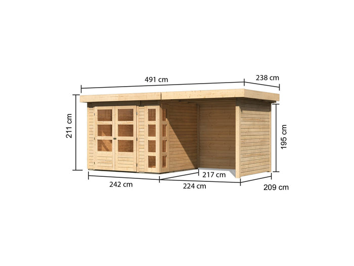 Karibu Gartenhaus Kerko 3 natur mit 2,40 m Anbaudach und Rück-und Seitenwänden