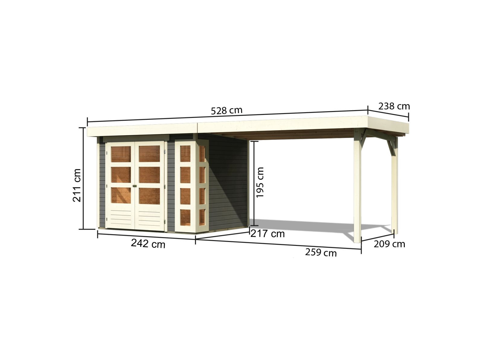 Karibu Gartenhaus Kerko 3 in terragrau mit 2,80 m Anbaudach