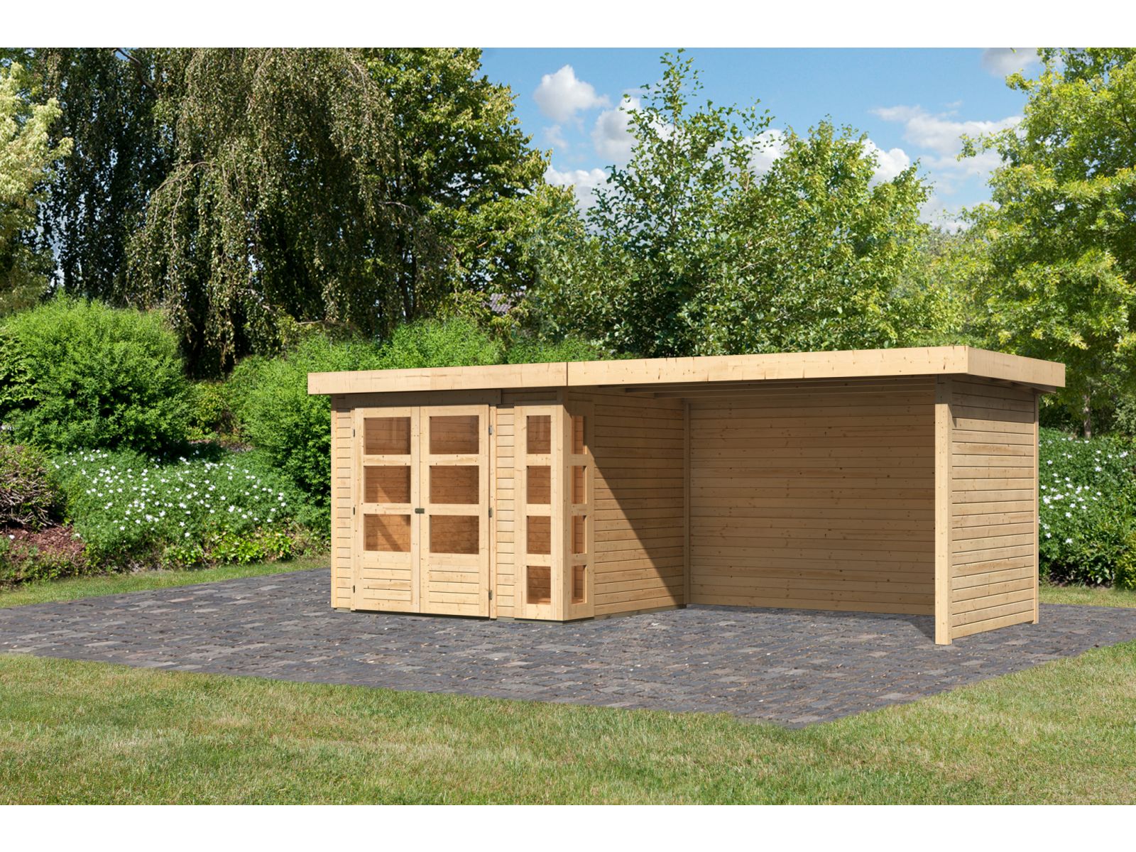 Karibu Gartenhaus Kerko 3 natur mit 2,80 m Anbaudach Inklusive Rück-und Seitenwand