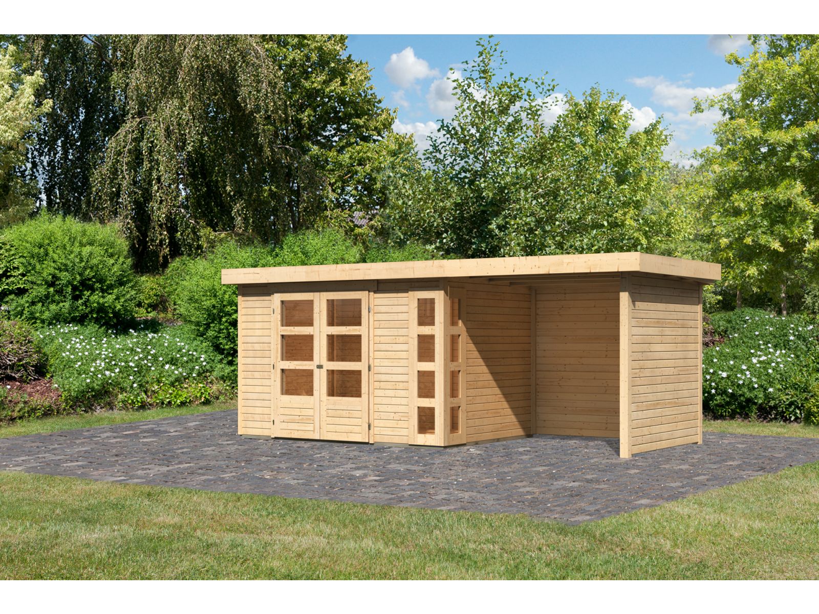 Karibu Gartenhaus Kerko 4 natur mit Anbaudach 2,40 m und Rück-und Seitenwand