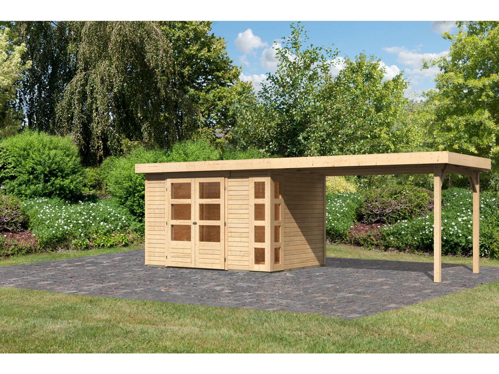 Karibu Gartenhaus Kerko 4 natur mit Anbaudach 2,80 m