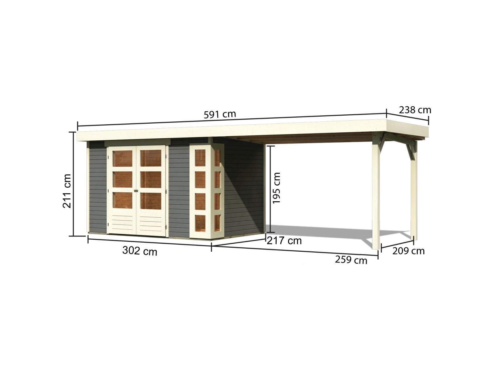 Karibu Gartenhaus Kerko 4 in terragrau mit Anbaudach 2,80 m