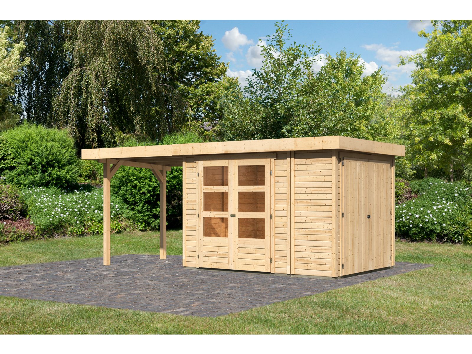 Karibu Gartenhaus Retola 2 natur mit Anbauschrank und 2,40 Meter Anbaudach