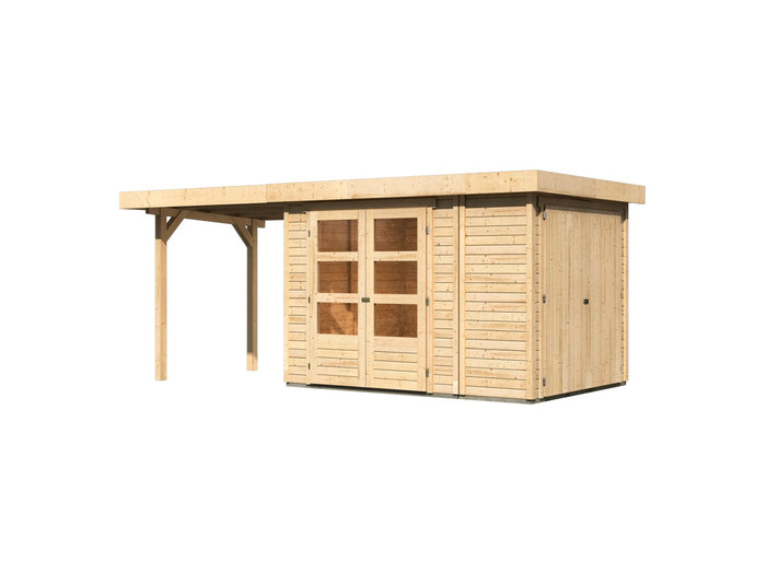Karibu Gartenhaus Retola 2 natur mit Anbauschrank und 2,40 Meter Anbaudach