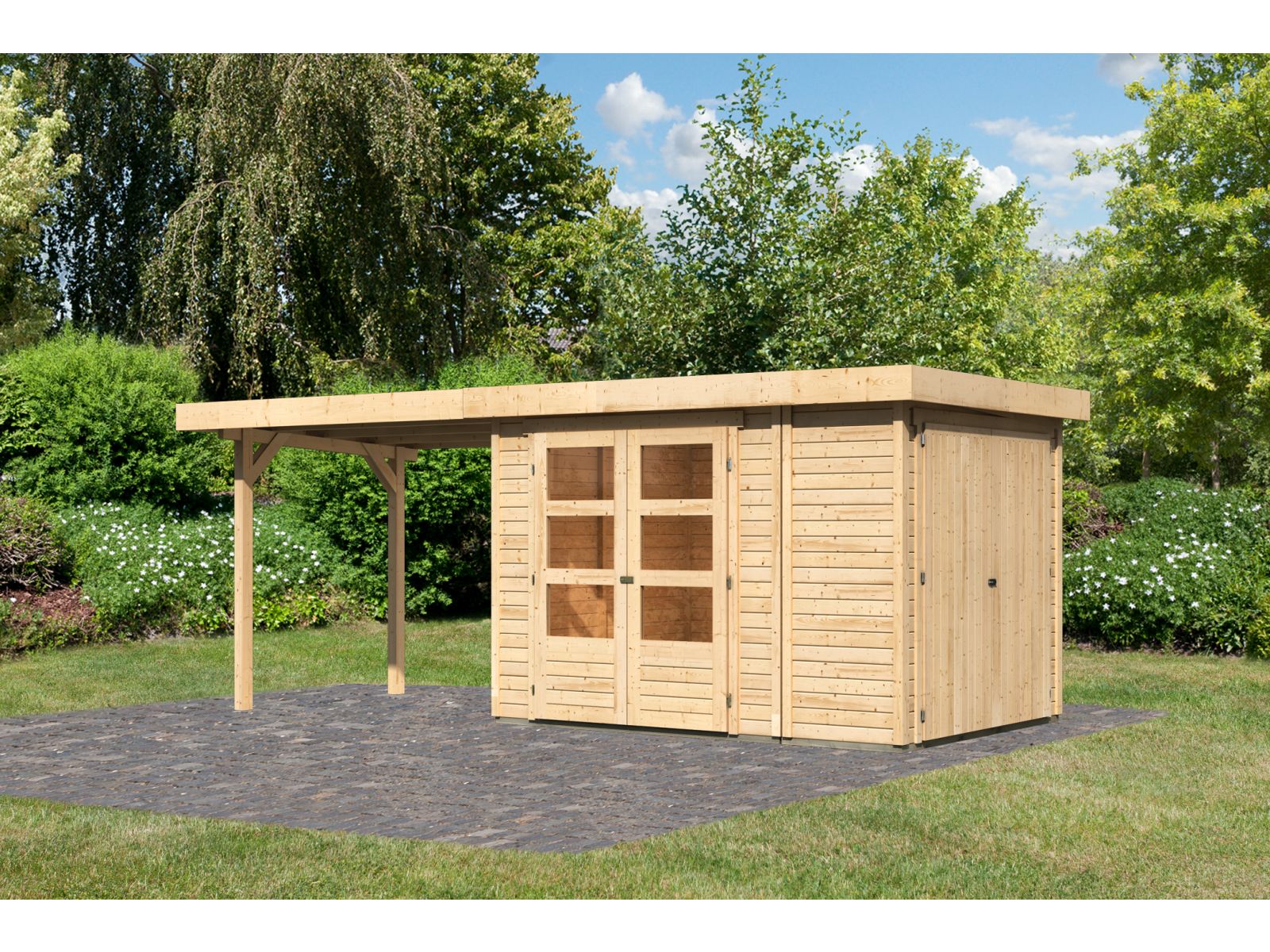 Karibu Gartenhaus Retola 2 natur mit Anbauschrank und 2,80 Meter Anbaudach