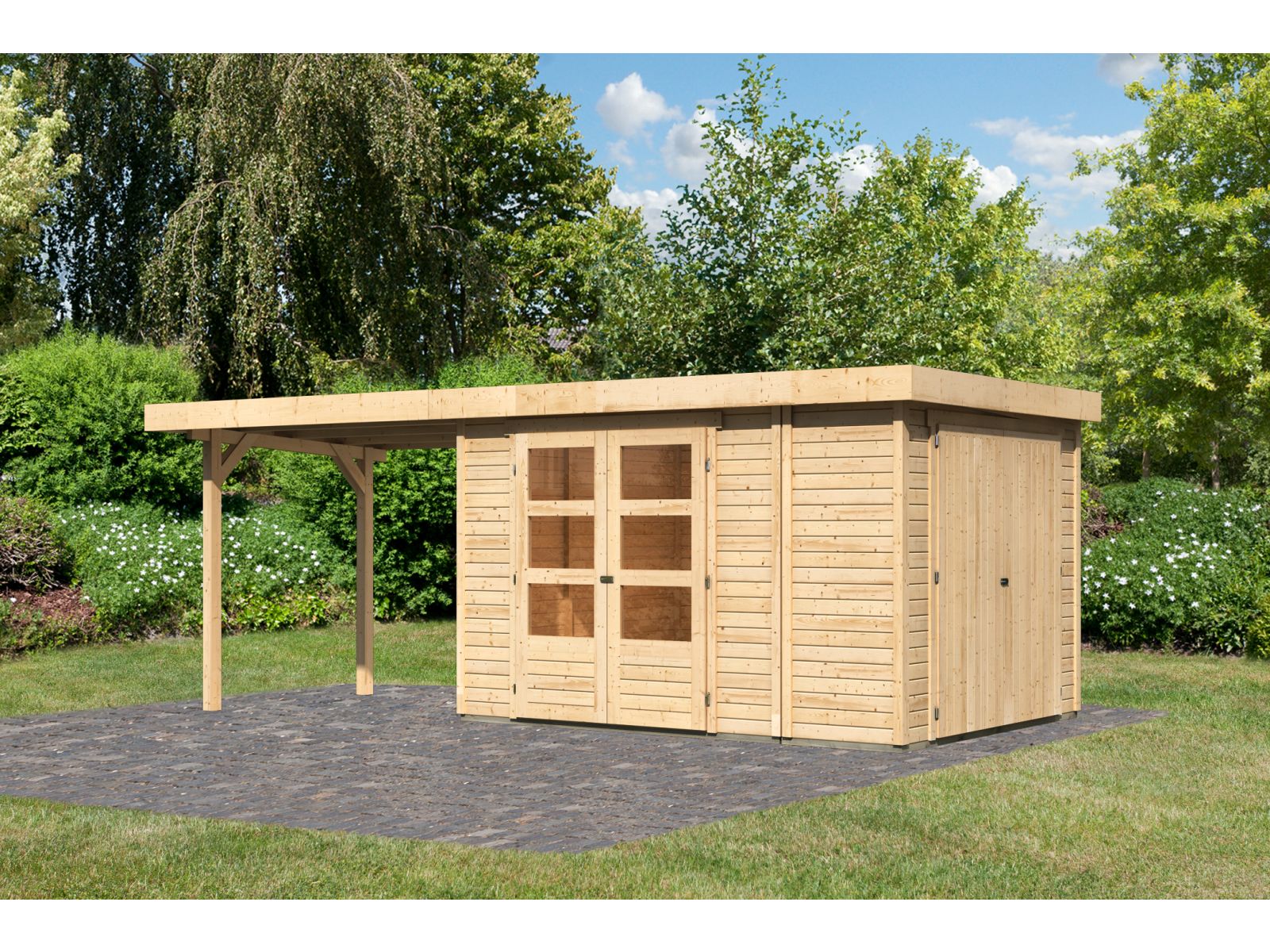 Karibu Gartenhaus Retola 4 mit Anbauschrank und Anbaudach 2,80 Meter