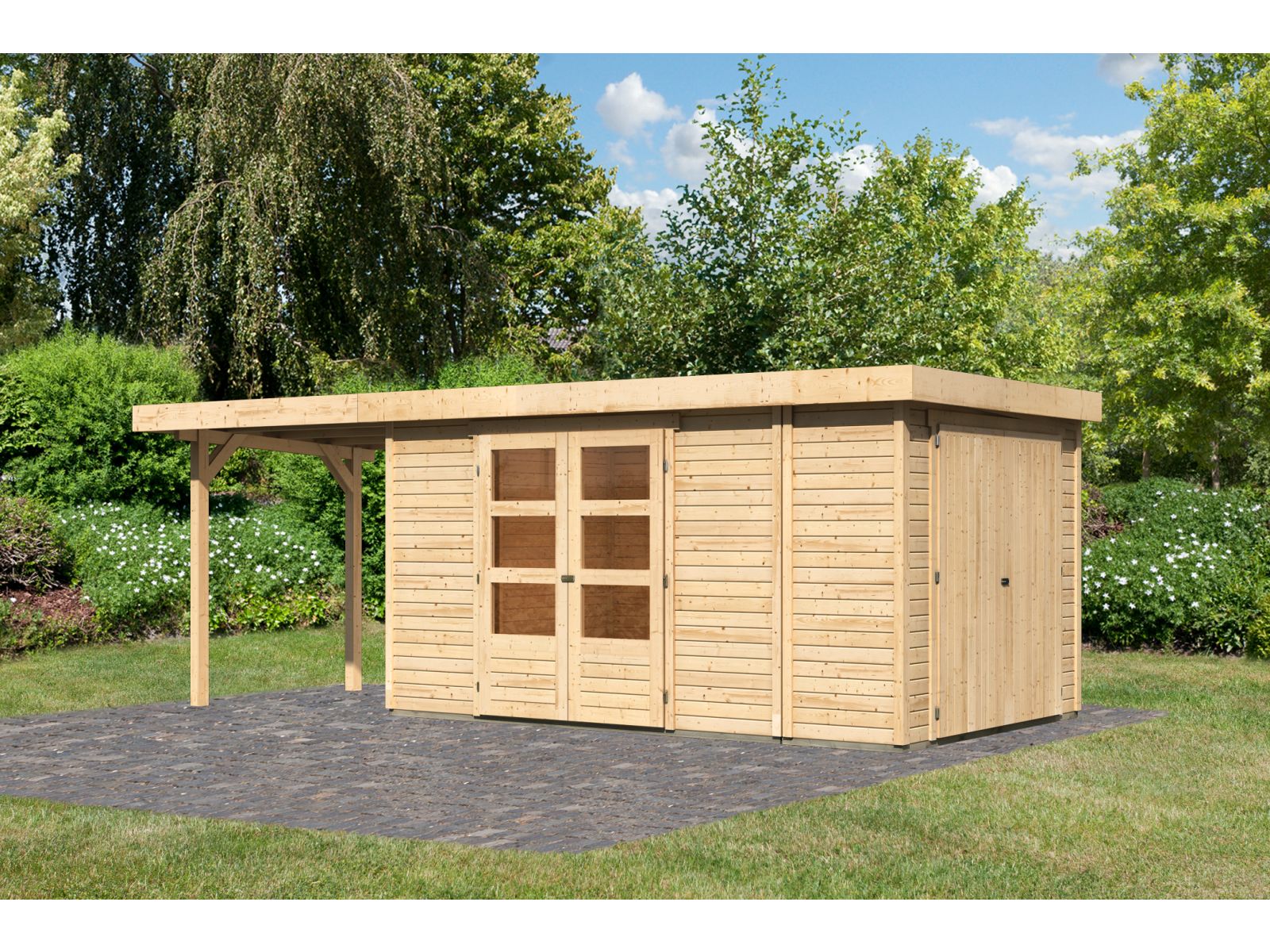 Karibu Gartenhaus Retola 6 mit Anbauschrank und Anbaudach 2,40 Meter