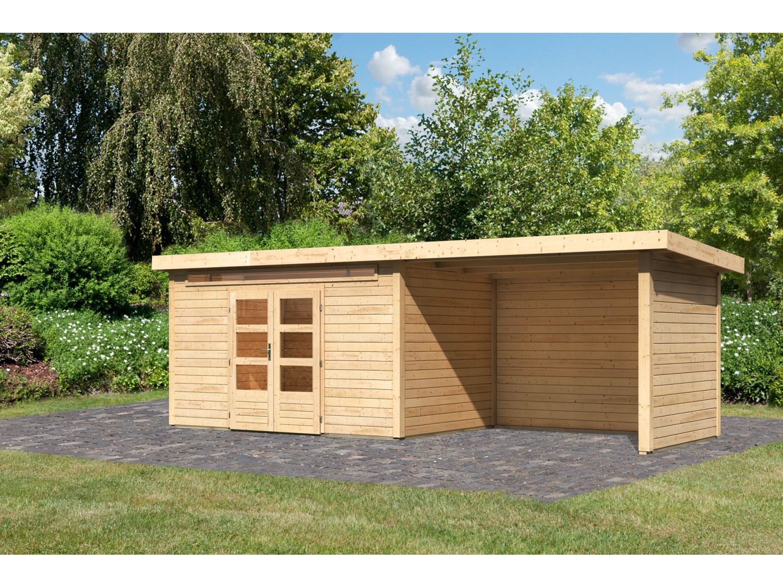 Karibu Gartenhaus Kandern 7 mit Anbaudach 2,95 Meter inklusive Rück-und Seitenwand