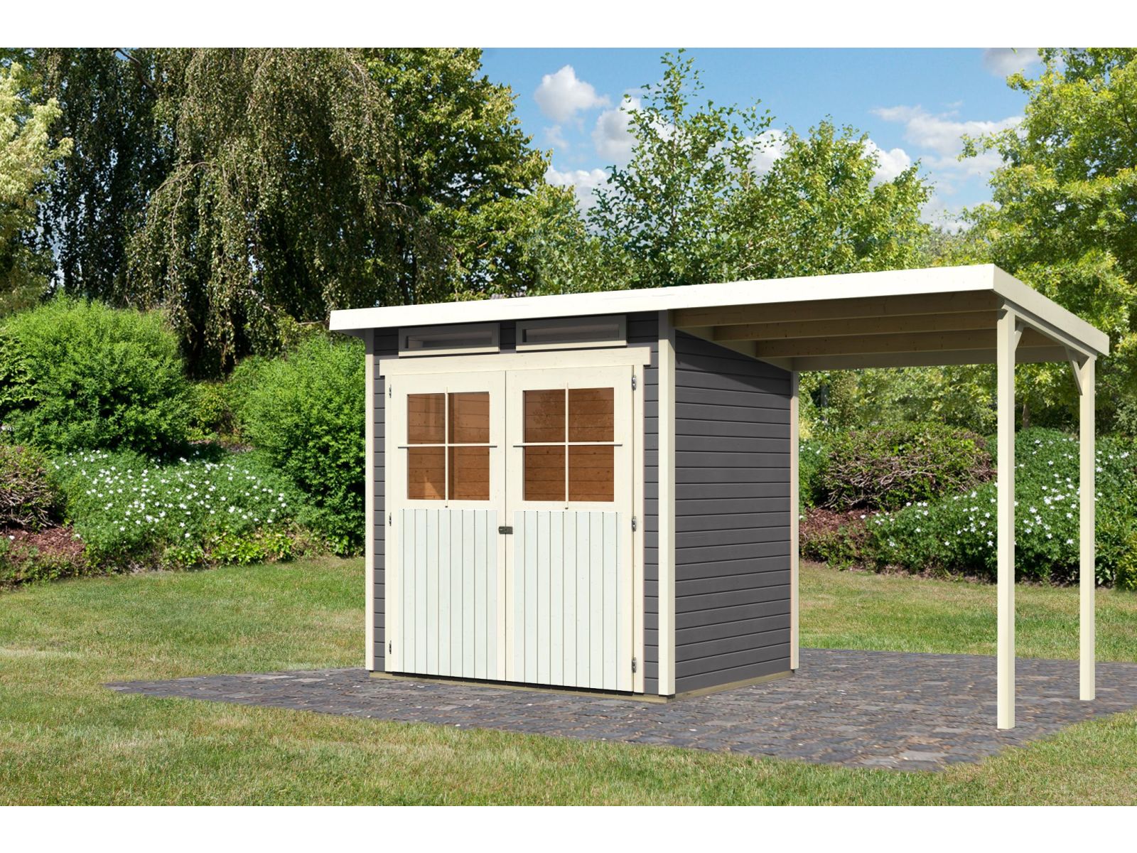 Karibu Gartenhaus Glücksburg 2 in terragrau inkl. Anbaudach