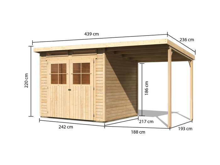 Karibu Gartenhaus Glücksburg 4 natur mit Anbaudach 1,90 Meter