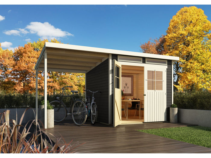 Karibu Gartenhaus Glücksburg 4 in terragrau mit Anbaudach 1,90 Meter