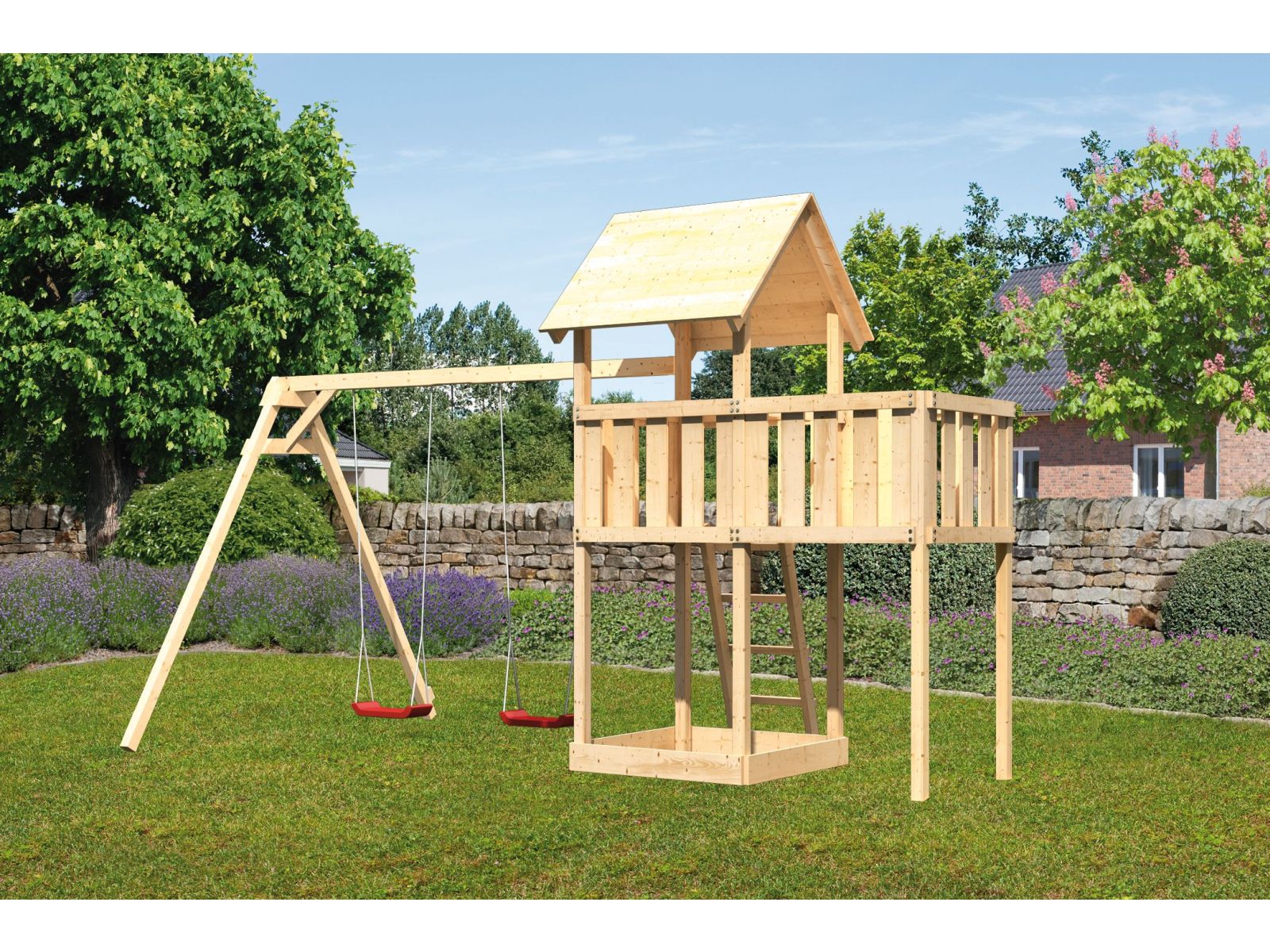 Karibu Spielturm Lotti natur mit Anbauplattform und Doppelschaukel