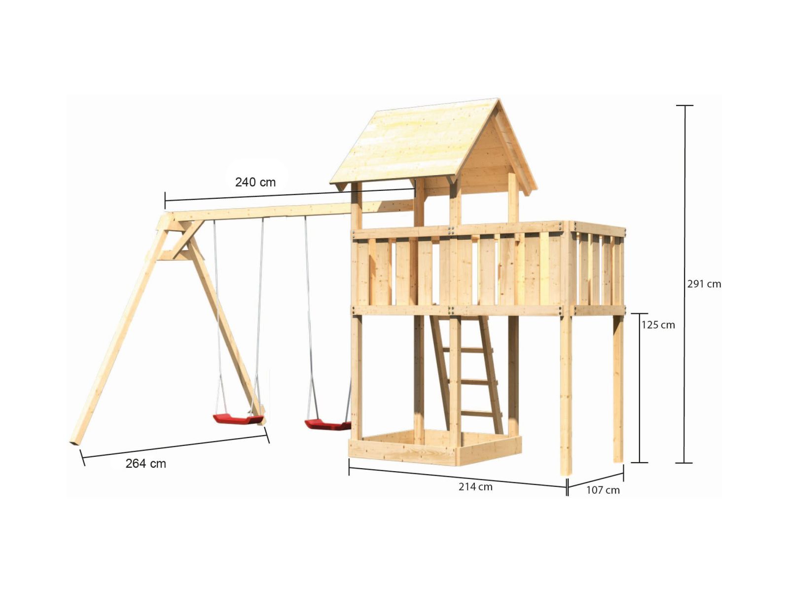 Karibu Spielturm Lotti natur mit Anbauplattform und Doppelschaukel