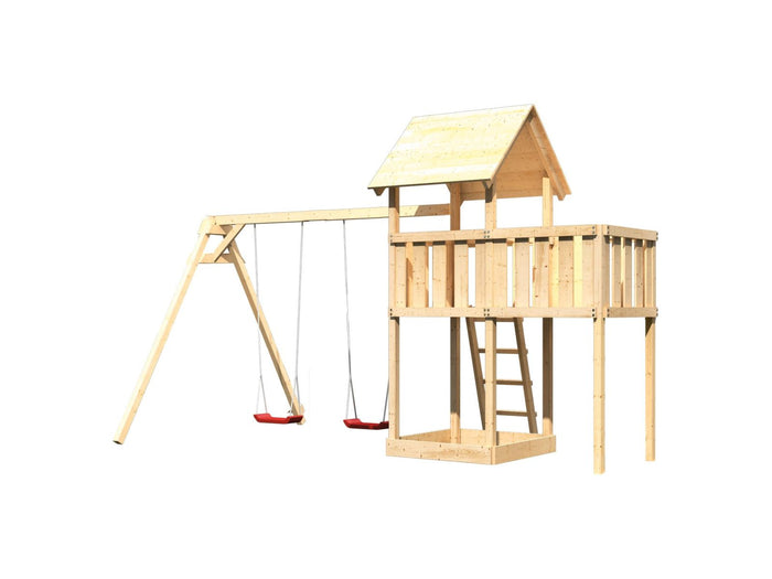 Karibu Spielturm Lotti natur mit Anbauplattform und Doppelschaukel