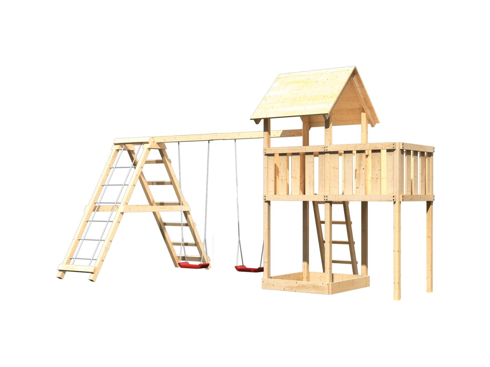 Karibu Spielturm Lotti natur- Anbauplattform- Doppelschaukel inkl. Klettergerüst