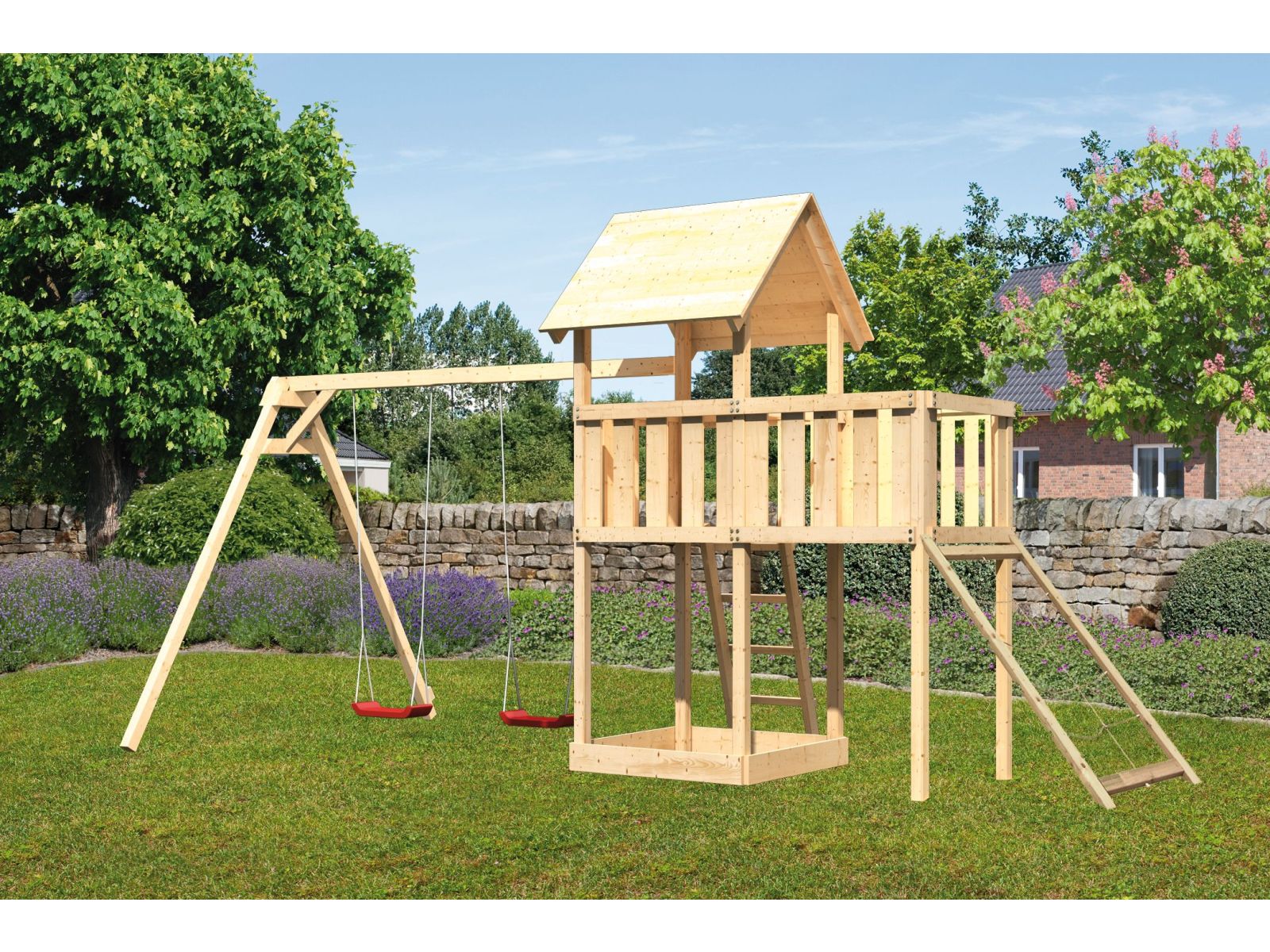 Karibu Spielturm Lotti natur mit Anbauplattform, Netzrampe und Doppelschaukel