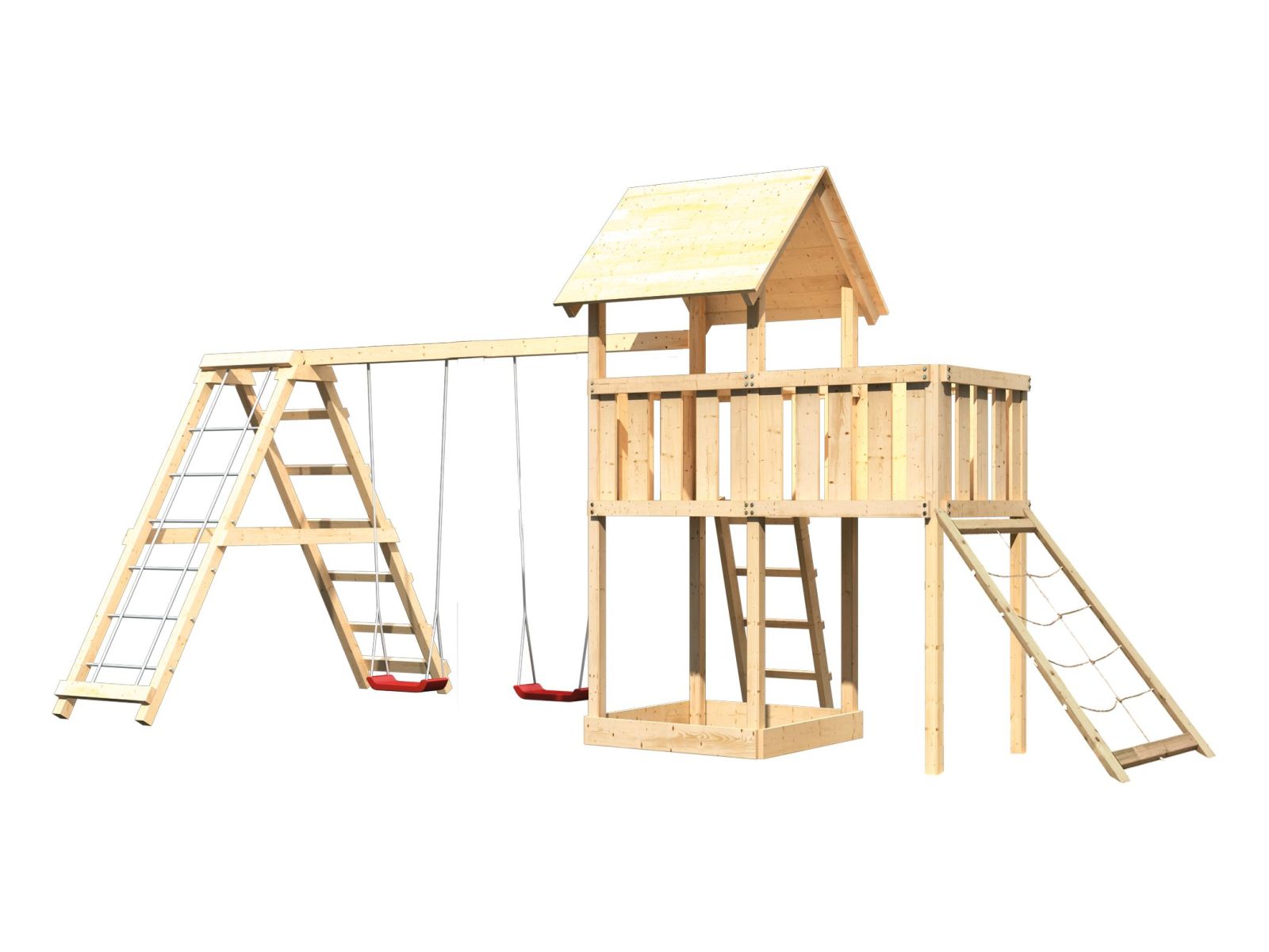 Karibu Spielturm Lotti natur- Anbauplattform- Doppelschaukel inkl. Klettergerüst- Netzrampe