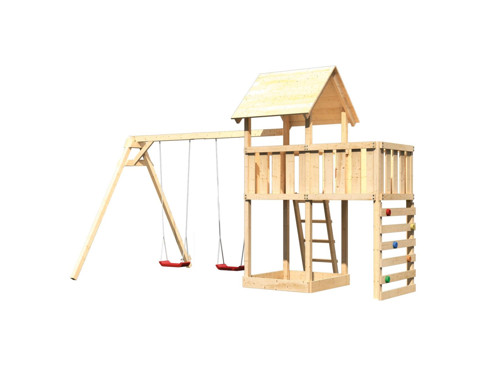 Karibu Spielturm Lotti Satteldach + Doppelschaukel + Anbauplattform + Kletterwand