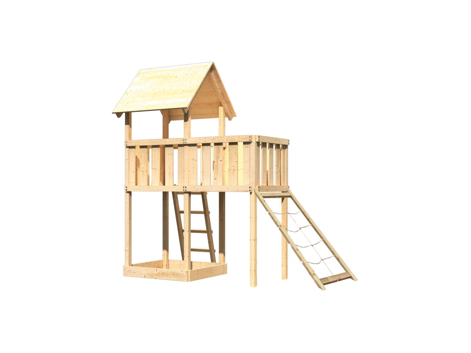 Karibu Spielturm Lotti natur mit Anbauplattform und Netzrampe