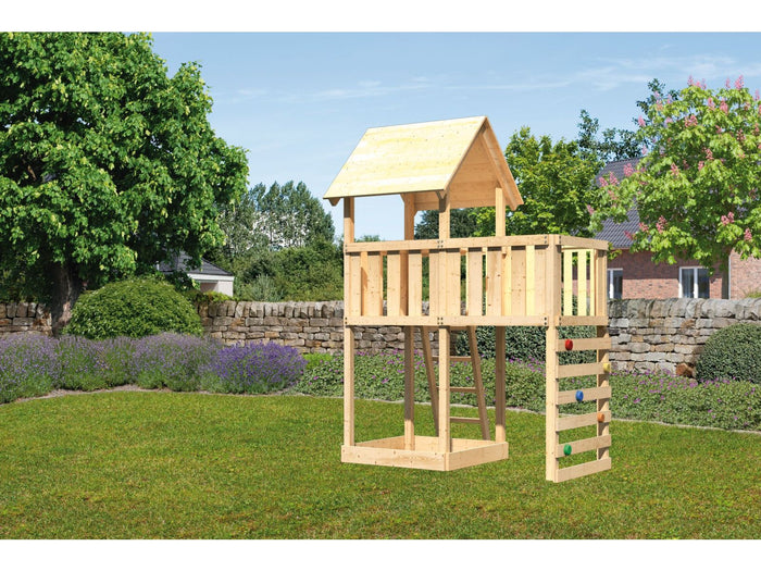 Karibu Spielturm Lotti natur mit Anbauplattform und Kletterwand