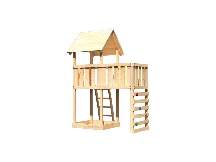 Karibu Spielturm Lotti natur mit Anbauplattform und Kletterwand