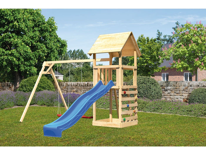 Karibu Spielturm Lotti mit Doppelschaukel, Kletterwand und Rutsche blau