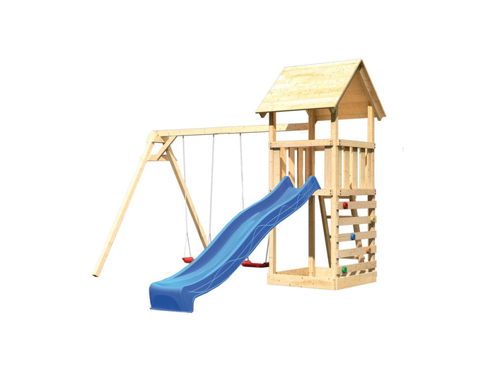 Karibu Spielturm Lotti mit Doppelschaukel, Kletterwand und Rutsche blau