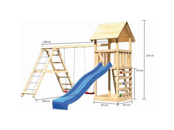 Karibu Spielturm Lotti- Doppelschaukel mit Klettergerüst, Kletterwand und Rutsche in blau