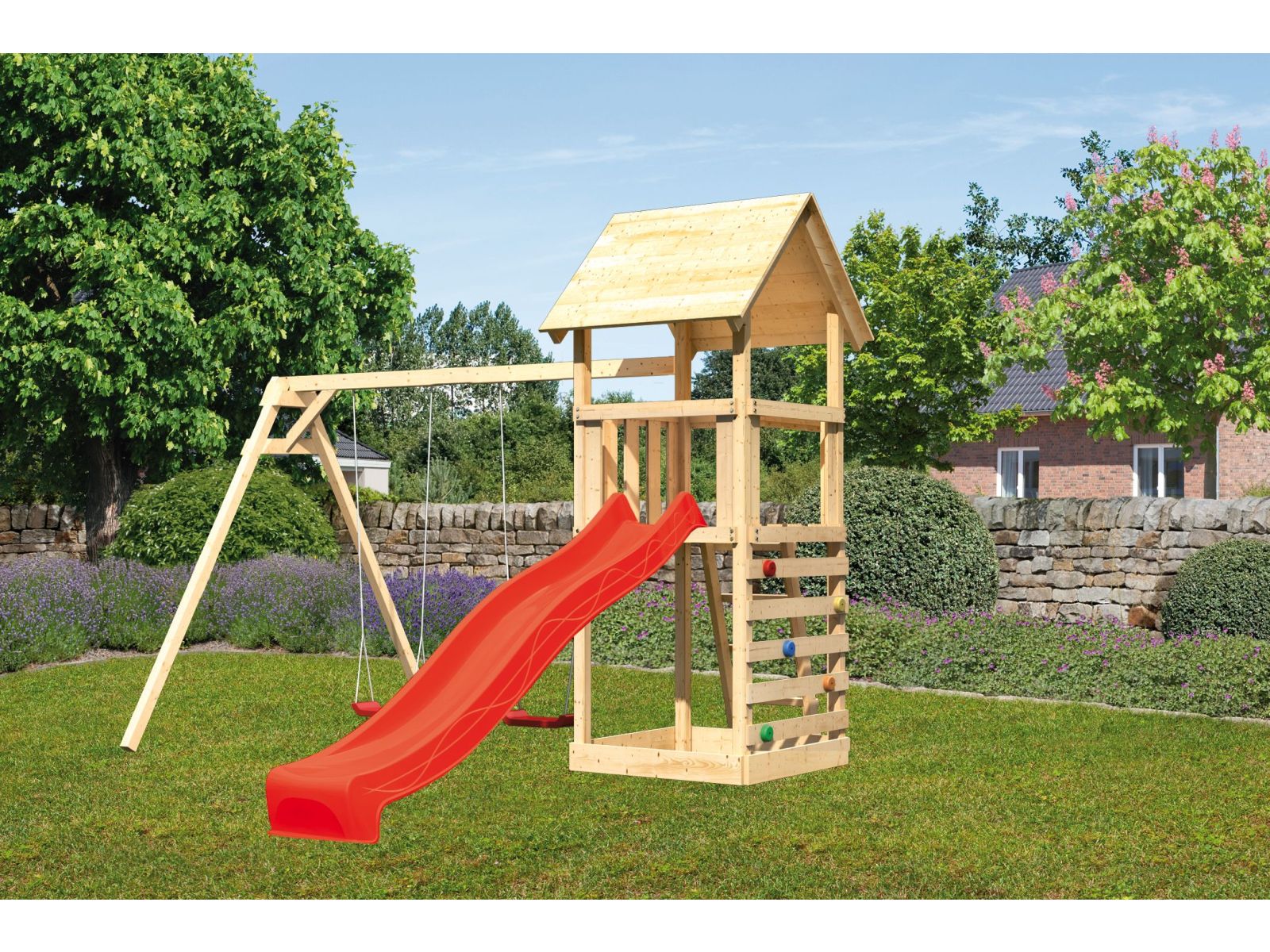 Karibu Spielturm Lotti mit Doppelschaukel, Kletterwand und Rutsche rot