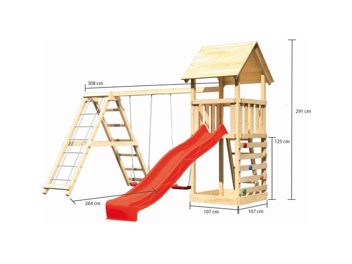 Karibu Spielturm Lotti- Doppelschaukel mit Klettergerüst, Kletterwand und Rutsche in rot