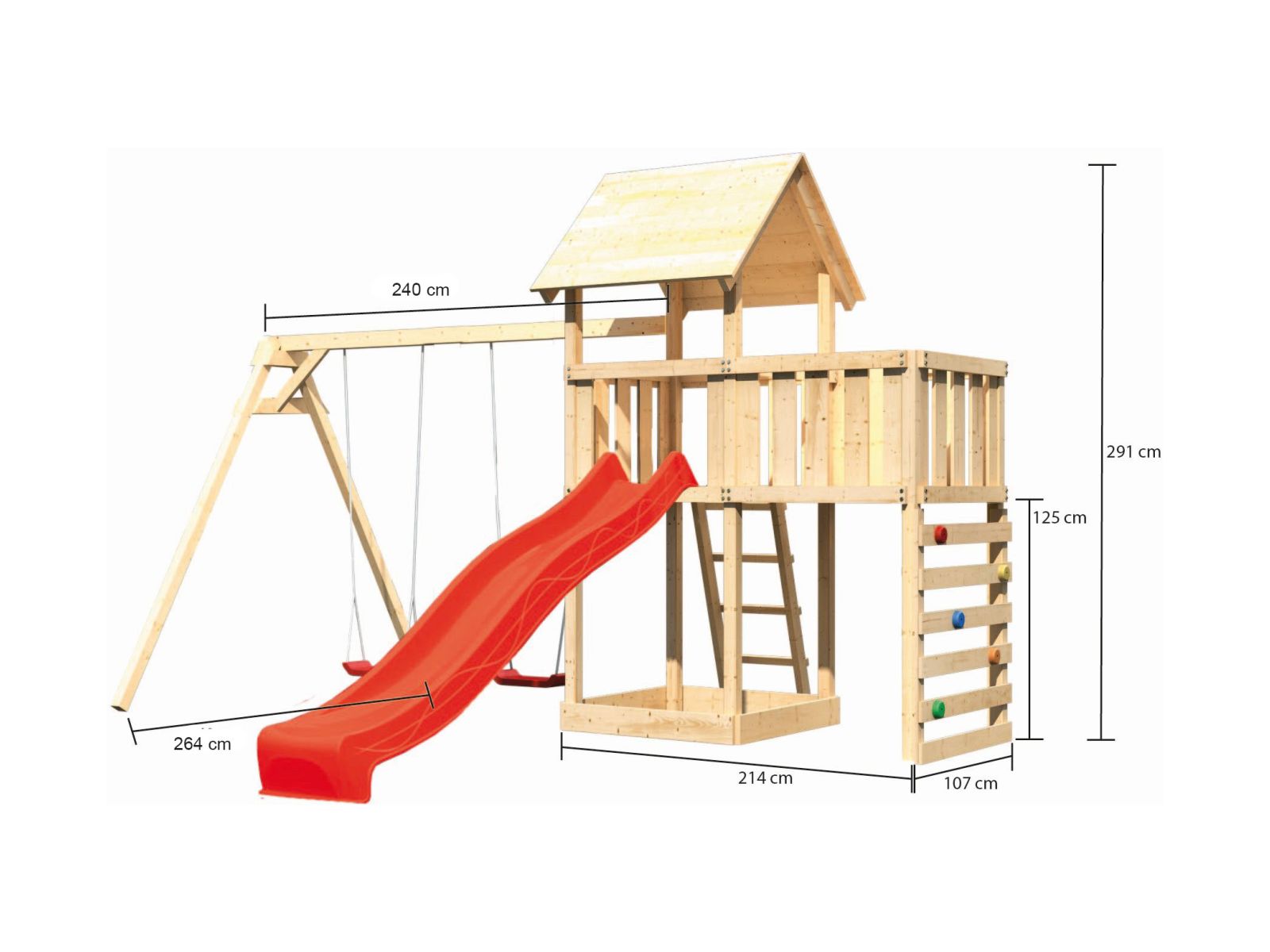 Karibu Spielturm Lotti Satteldach + Rutsche rot + Doppelschaukel + Anbauplattform + Kletterwand
