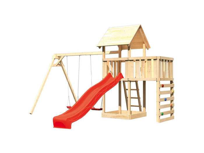 Karibu Spielturm Lotti Satteldach + Rutsche rot + Doppelschaukel + Anbauplattform + Kletterwand