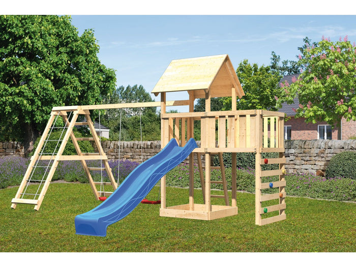 Karibu Spielturm Lotti Satteldach + Rutsche blau + Doppelschaukel Klettergerüst + Anbauplattform + K