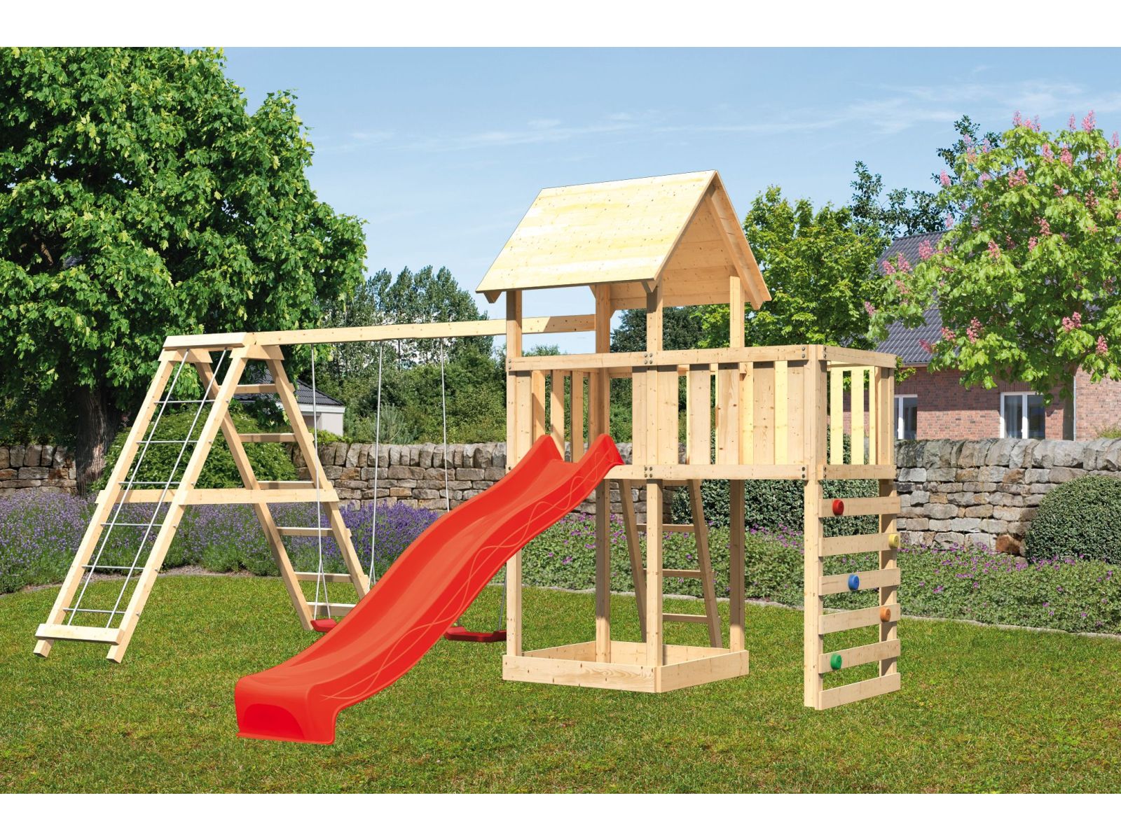 Karibu Spielturm Lotti Satteldach + Rutsche rot + Doppelschaukel Klettergerüst + Anbauplattform + Kl