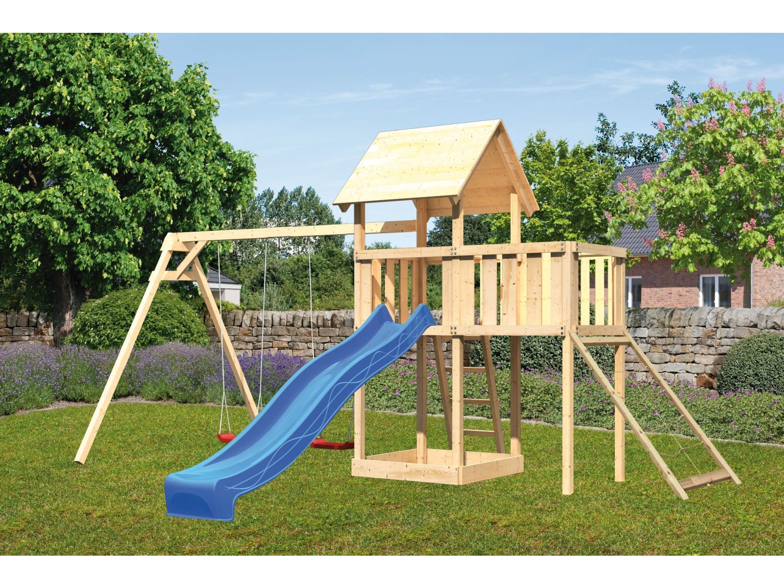 Karibu Spielturm Lotti Satteldach + Rutsche blau + Doppelschaukel + Anbauplattform + Netzrampe