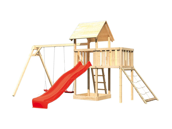 Karibu Spielturm Lotti Satteldach + Rutsche rot + Doppelschaukel + Anbauplattform + Netzrampe