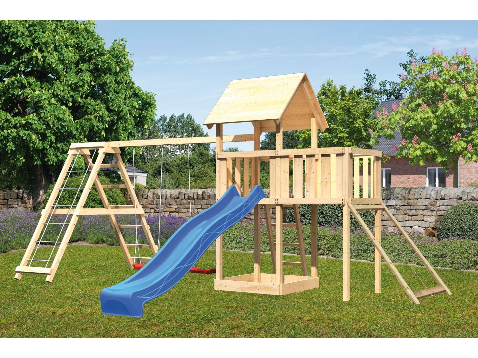 Karibu Spielturm Lotti Satteldach + Rutsche blau + Doppelschaukelanbau Klettergerüst + Anbauplattfor