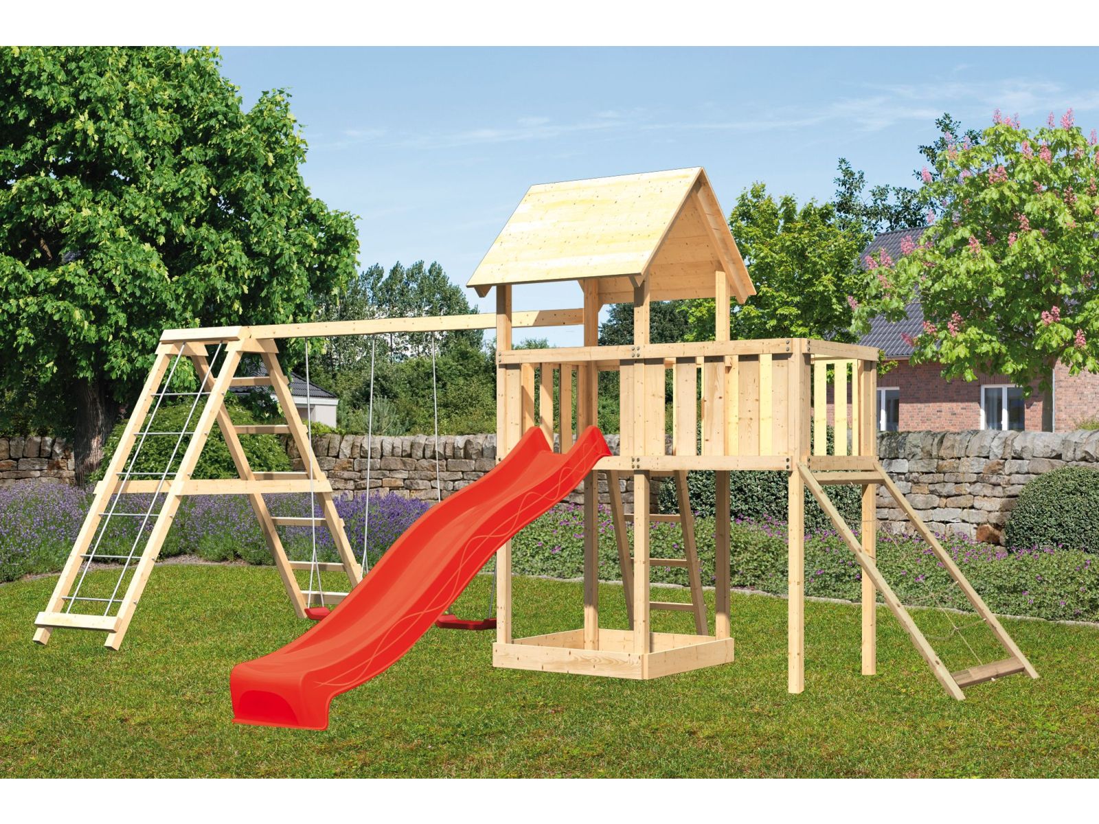 Karibu Spielturm Lotti Satteldach + Rutsche rot + Doppelschaukelanbau Klettergerüst + Anbauplattform