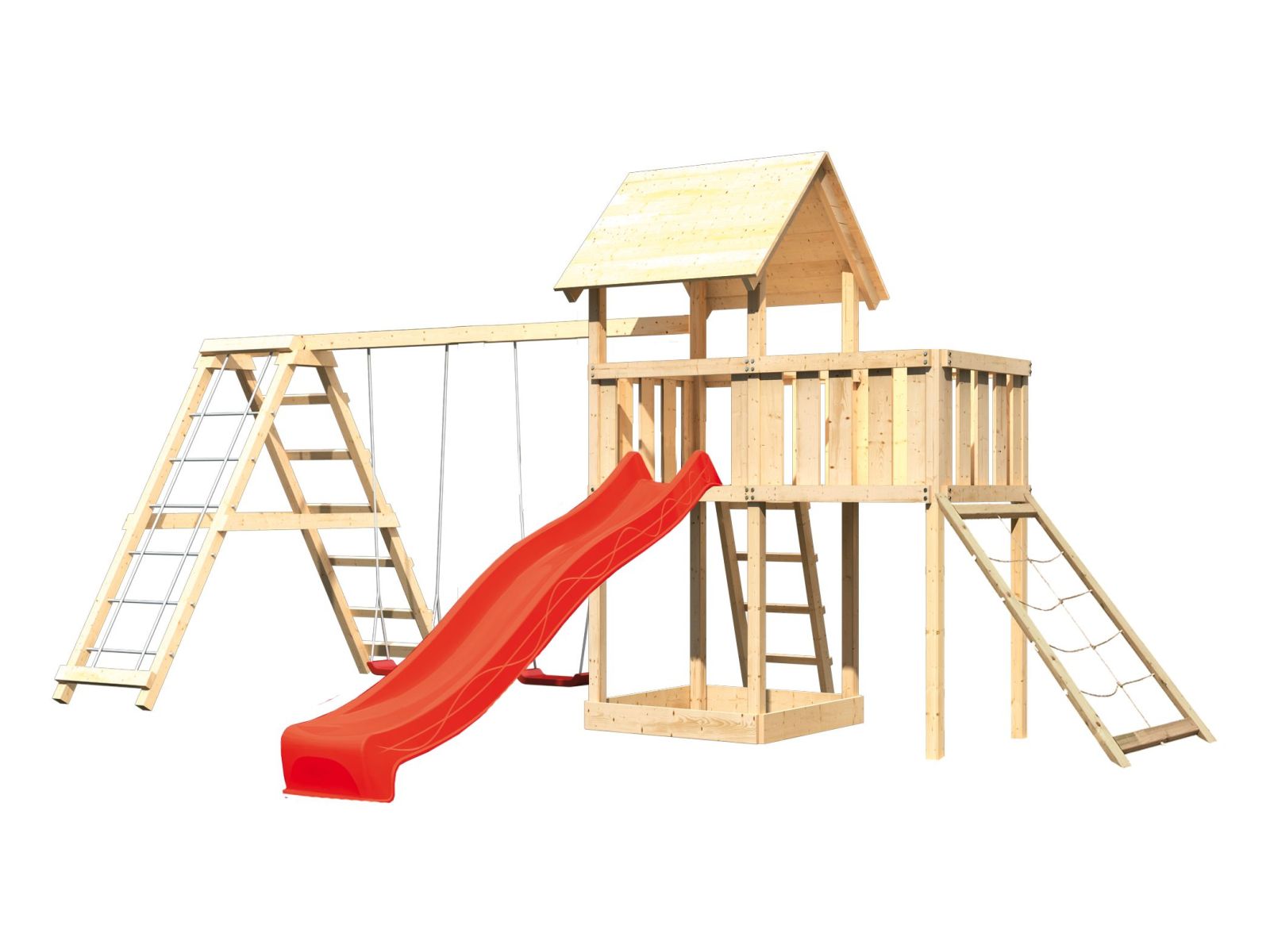 Karibu Spielturm Lotti Satteldach + Rutsche rot + Doppelschaukelanbau Klettergerüst + Anbauplattform