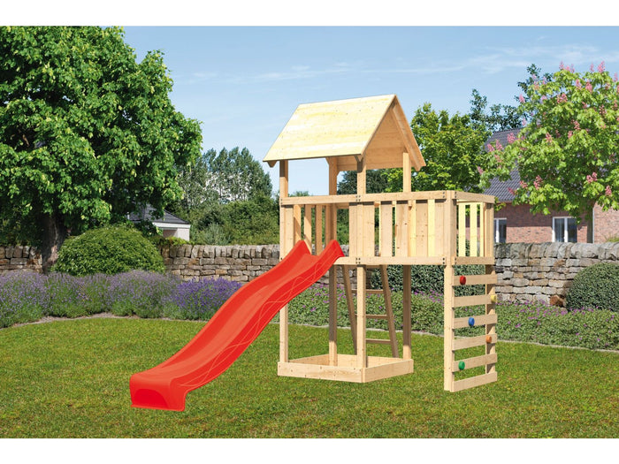 Karibu Spielturm Lotti natur mit Anbauplattform, Kletterwand und Rutsche rot