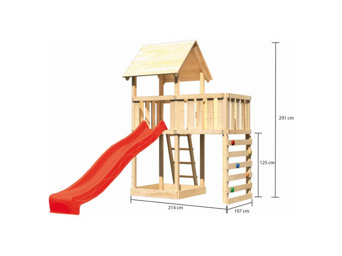 Karibu Spielturm Lotti natur mit Anbauplattform, Kletterwand und Rutsche rot