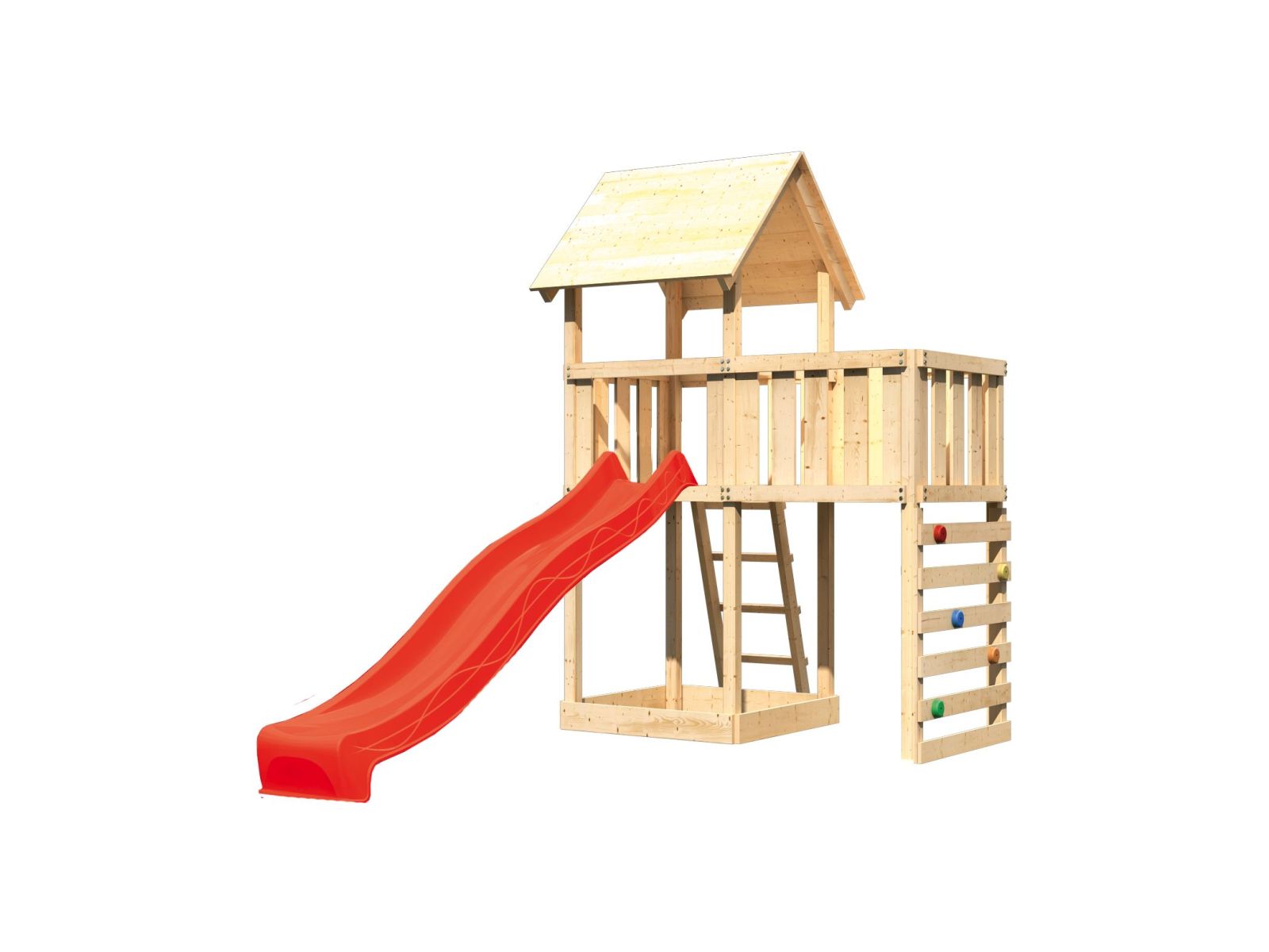 Karibu Spielturm Lotti natur mit Anbauplattform, Kletterwand und Rutsche rot