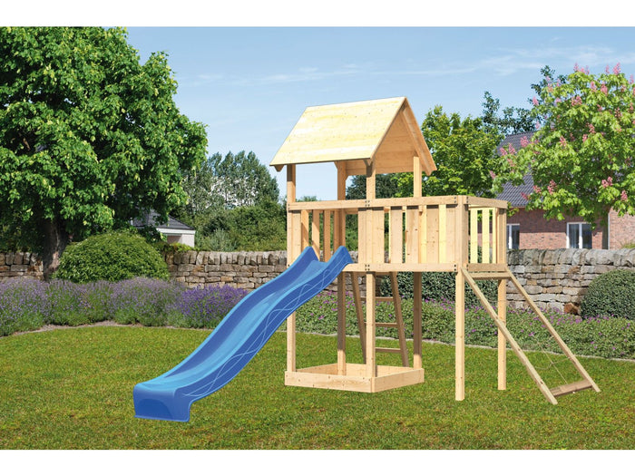 Karibu Spielturm Lotti natur mit Anbauplattform, Netzrampe und Rutsche blau