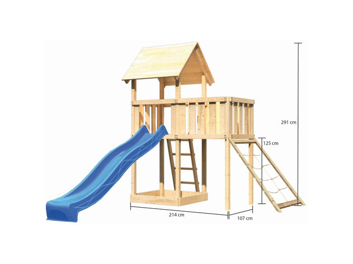 Karibu Spielturm Lotti natur mit Anbauplattform, Netzrampe und Rutsche blau