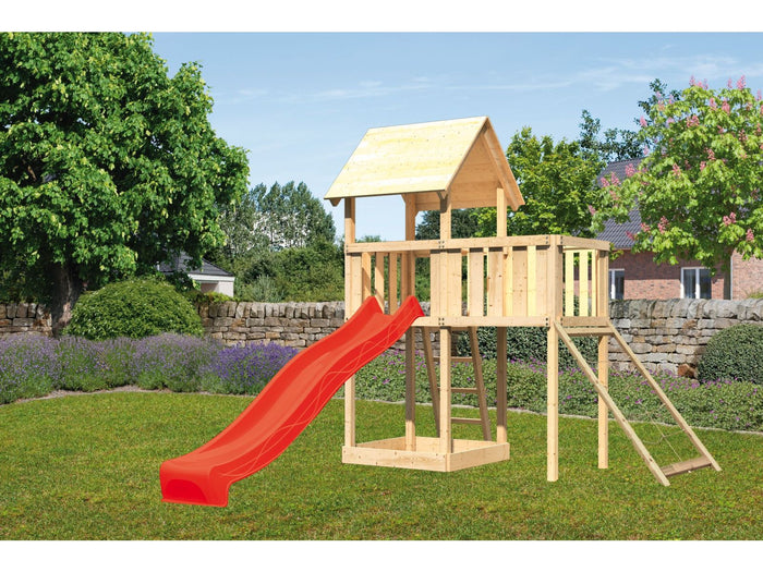 Karibu Spielturm Lotti natur mit Anbauplattform, Netzrampe und Rutsche rot