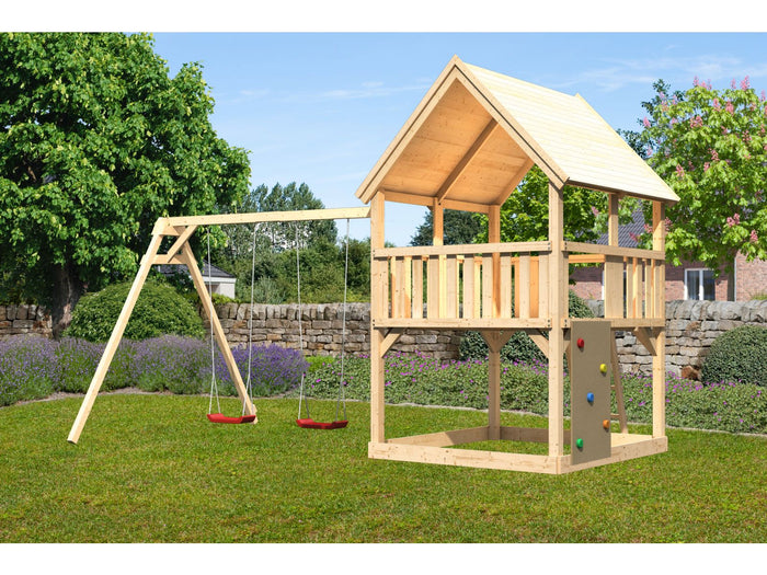 Karibu Spielturm Luis Satteldach + Doppelschaukel + Kletterwand