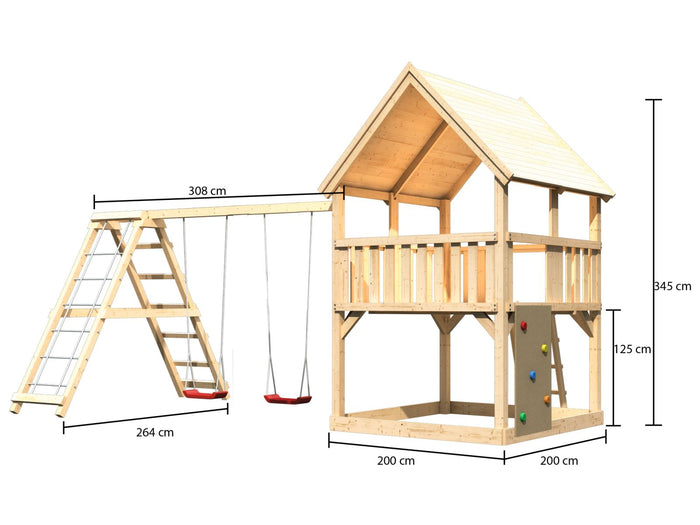Karibu Spielturm Luis Satteldach + Doppelschaukelanbau Klettergerüst + Kletterwand