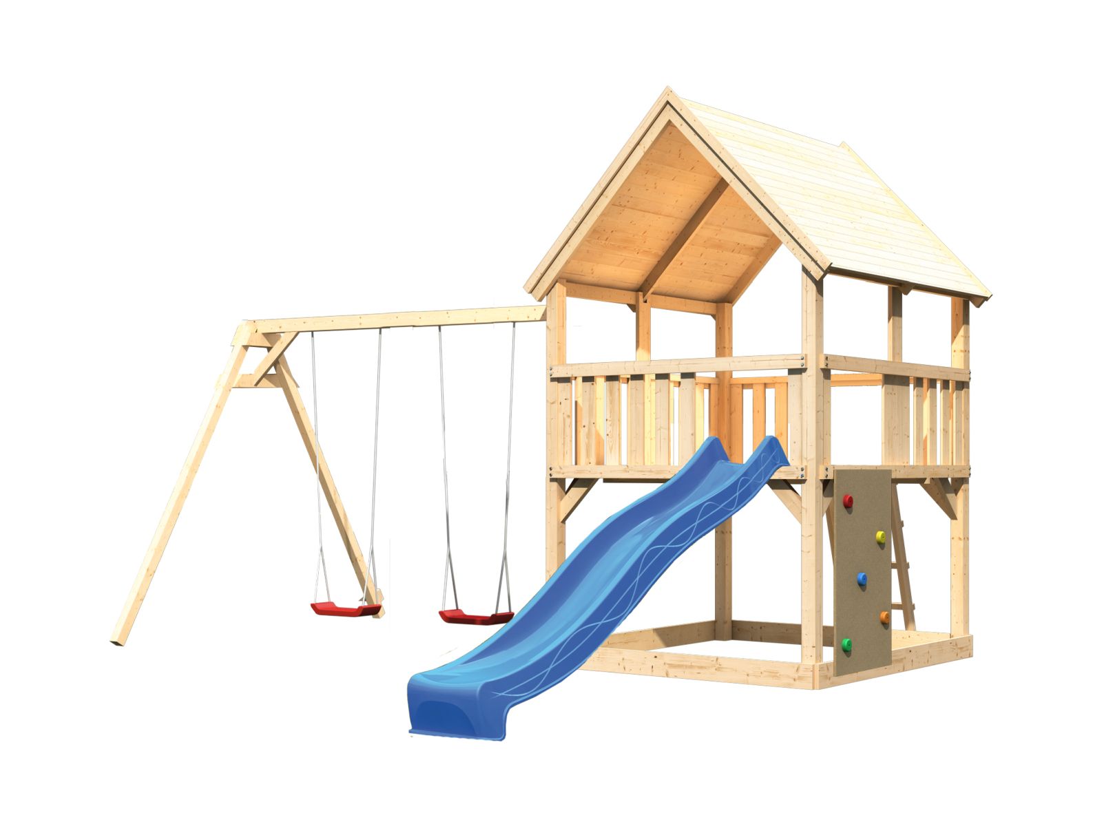 Karibu Spielturm Luis Satteldach + Rutsche blau + Doppelschaukel + Kletterwand