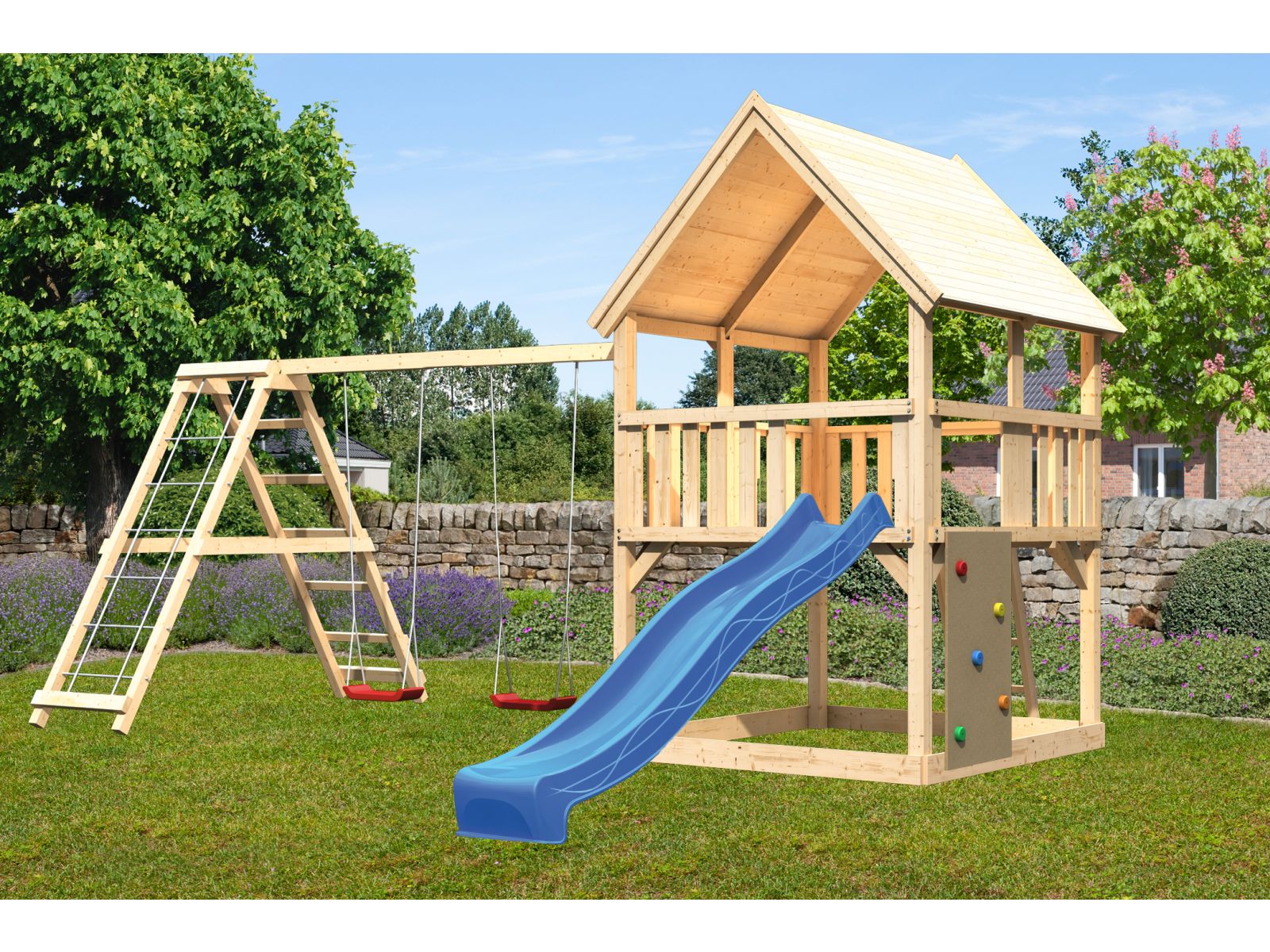 Karibu Spielturm Luis Satteldach + Rutsche blau + Doppelschaukelanbau Klettergerüst + Kletterwand